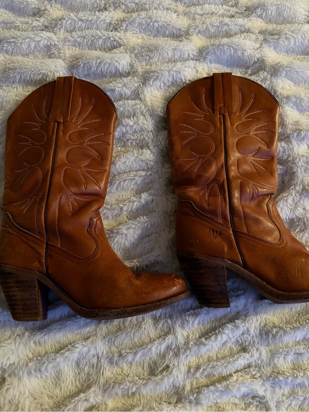 Frye Cognac Brown Leather Western Heeled Boots